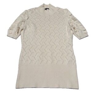 White House Black Market Mock Neck Sweater Womens S Ivory Pointelle Ruffle Soft